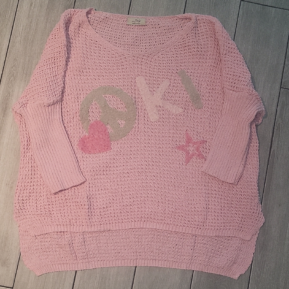 Pink and Gray Crew Neck Sweater with Textured Detailing